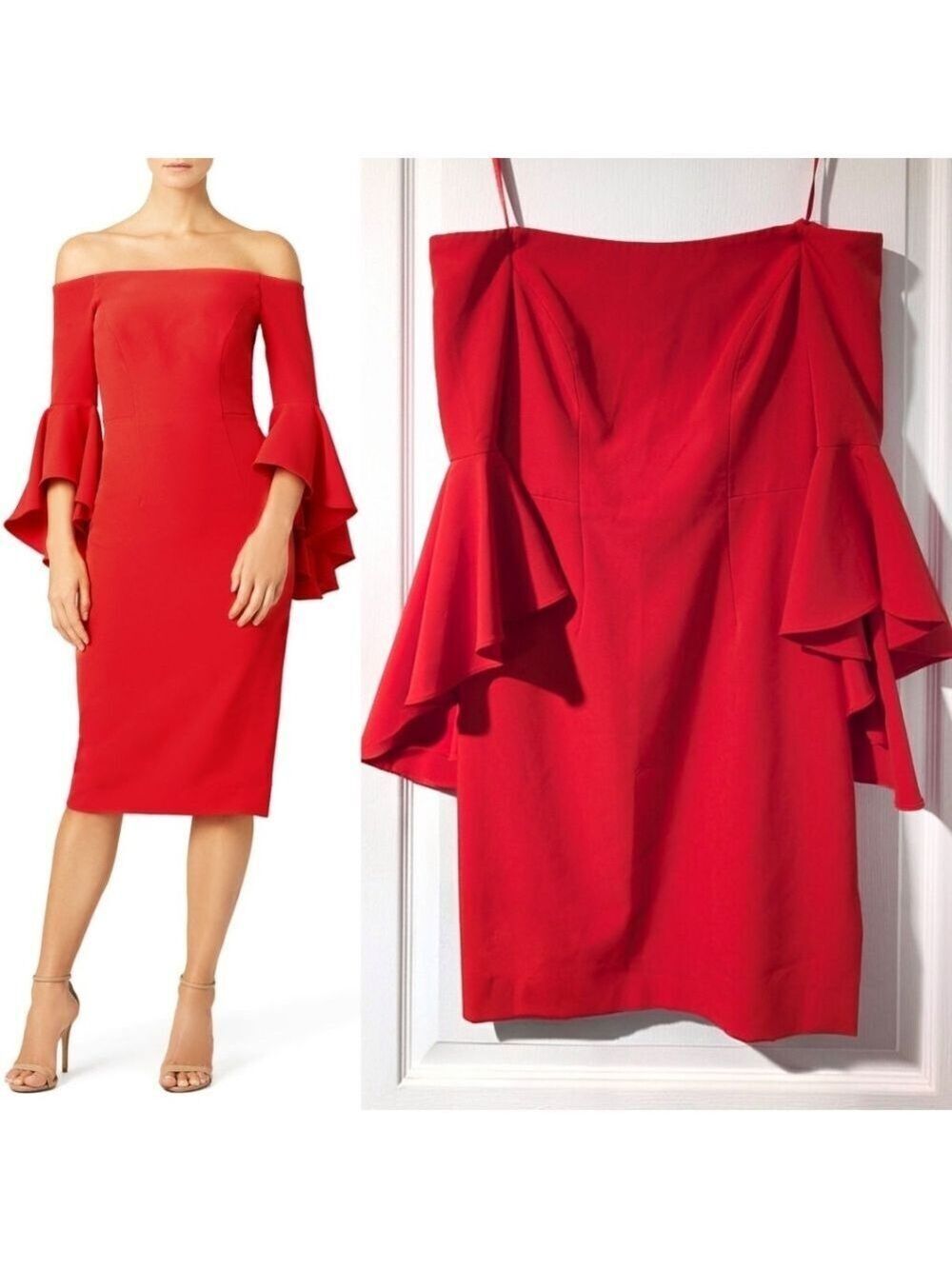 Milly | Italian Cady Selena Off-the-Shoulder Slit Dress in Flame Red